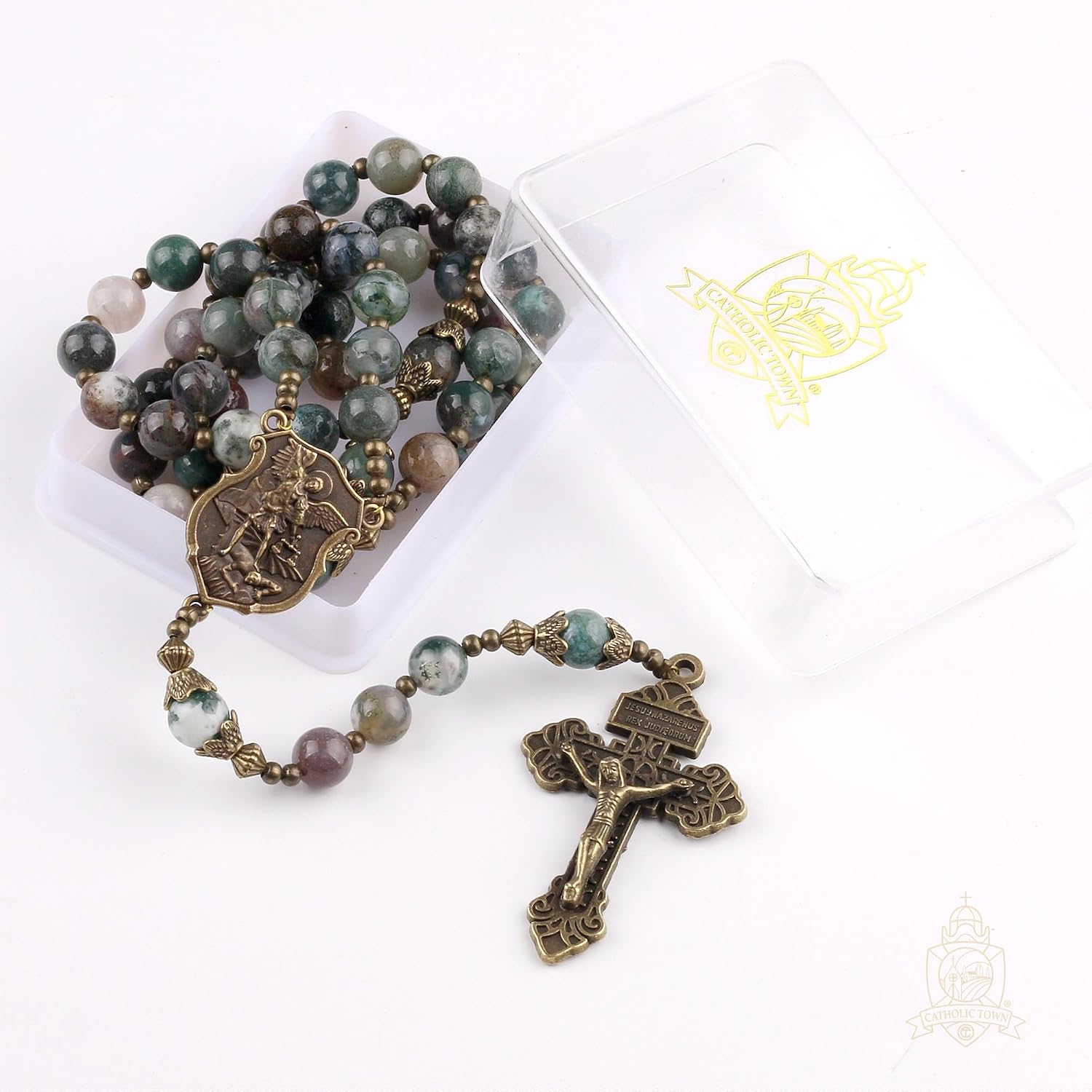Catholic Town 8mm India Agate Natural Stone Beads, Large Rosary with Caps Saint Michael the Archangel Medal and