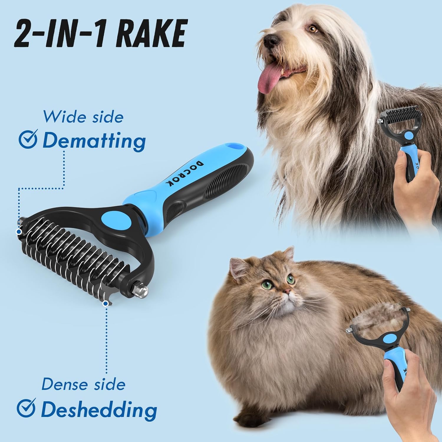 Pet Grooming Combo - Blue Deshedding Brush with Metal Comb for Detangling and Dematting Long, Matted Fur on Cats and