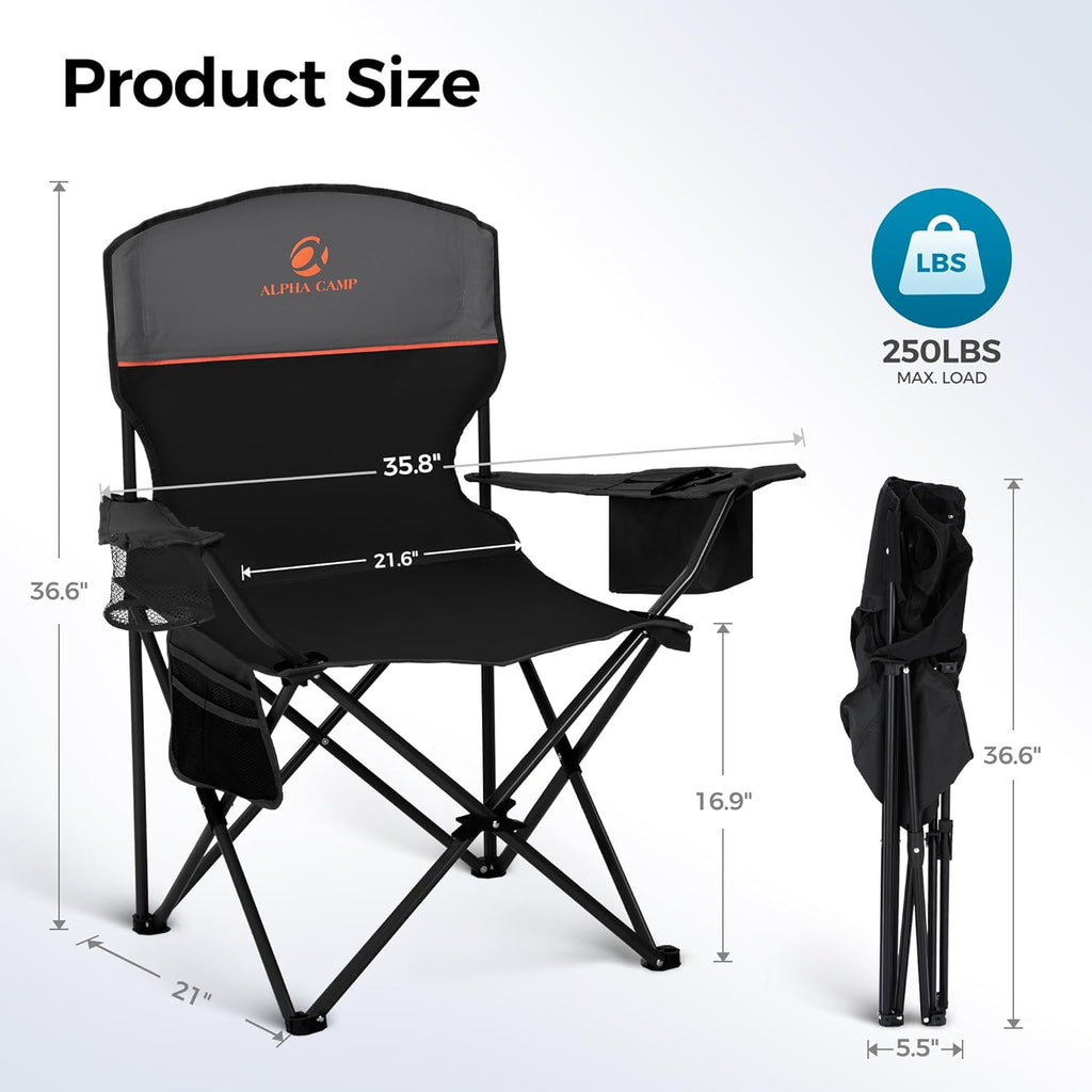 2-Pack Folding Camping Chair with Cooler Bag & Lumbar Support | Durable steel frame & Oxford fabric. Features 4-can