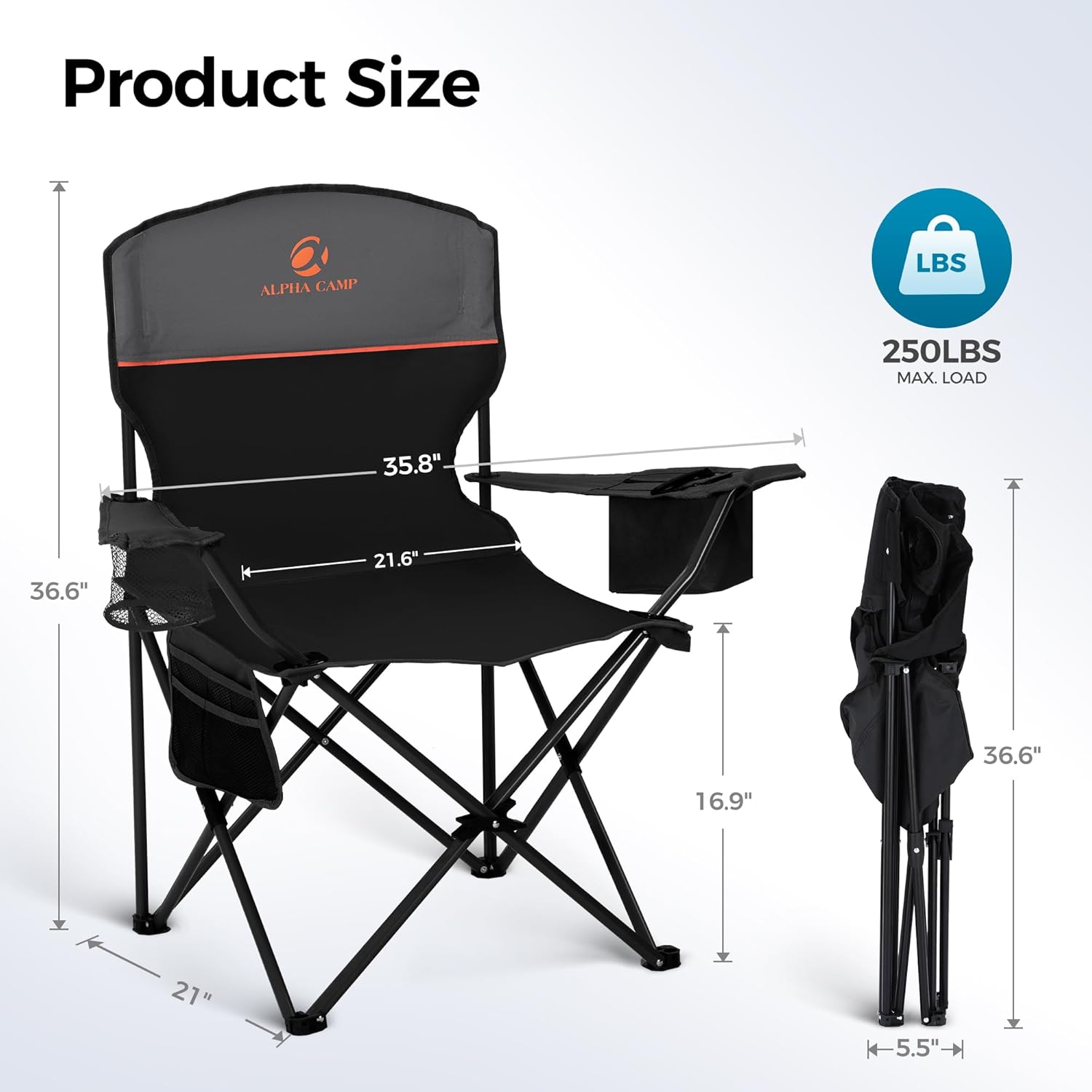 2-Pack Folding Camping Chair with Cooler Bag & Lumbar Support | Durable steel frame & Oxford fabric. Features 4-can