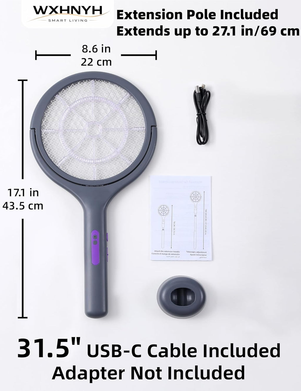 Electric Fly Swatter with Extendable Handle & Rotating Head, 3000V Rechargeable Bug Zapper Racket, 1200mAh Long
