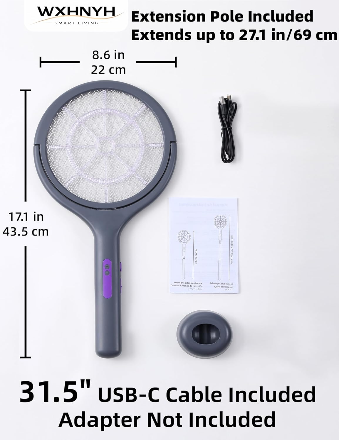 Electric Fly Swatter with Extendable Handle & Rotating Head, 3000V Rechargeable Bug Zapper Racket, 1200mAh Long