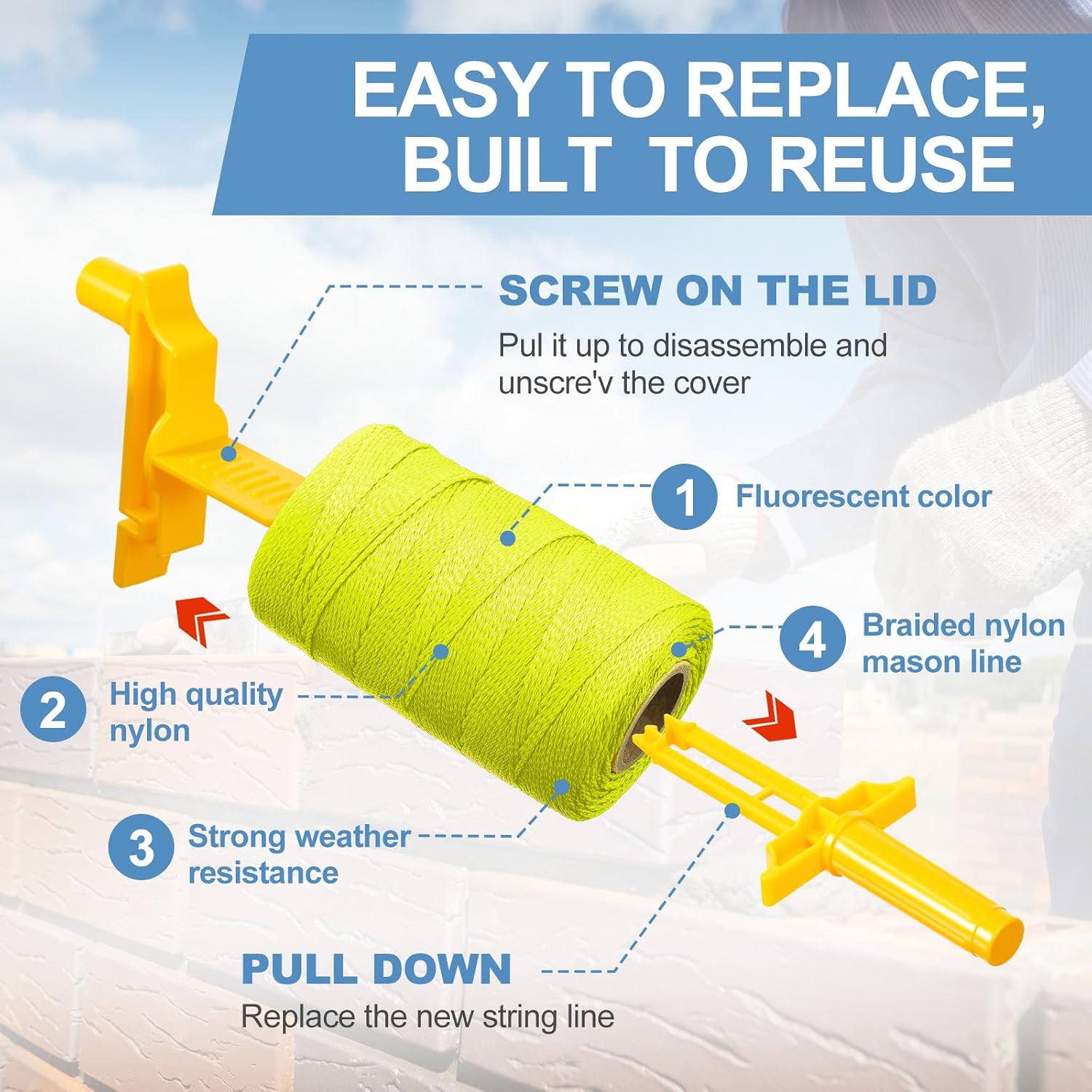 3 Rolls Mason Line String with 1 Post & 1 Pipe Level & 5 Line Levels, #18 500 Feet Braided Construction Nylon Twine