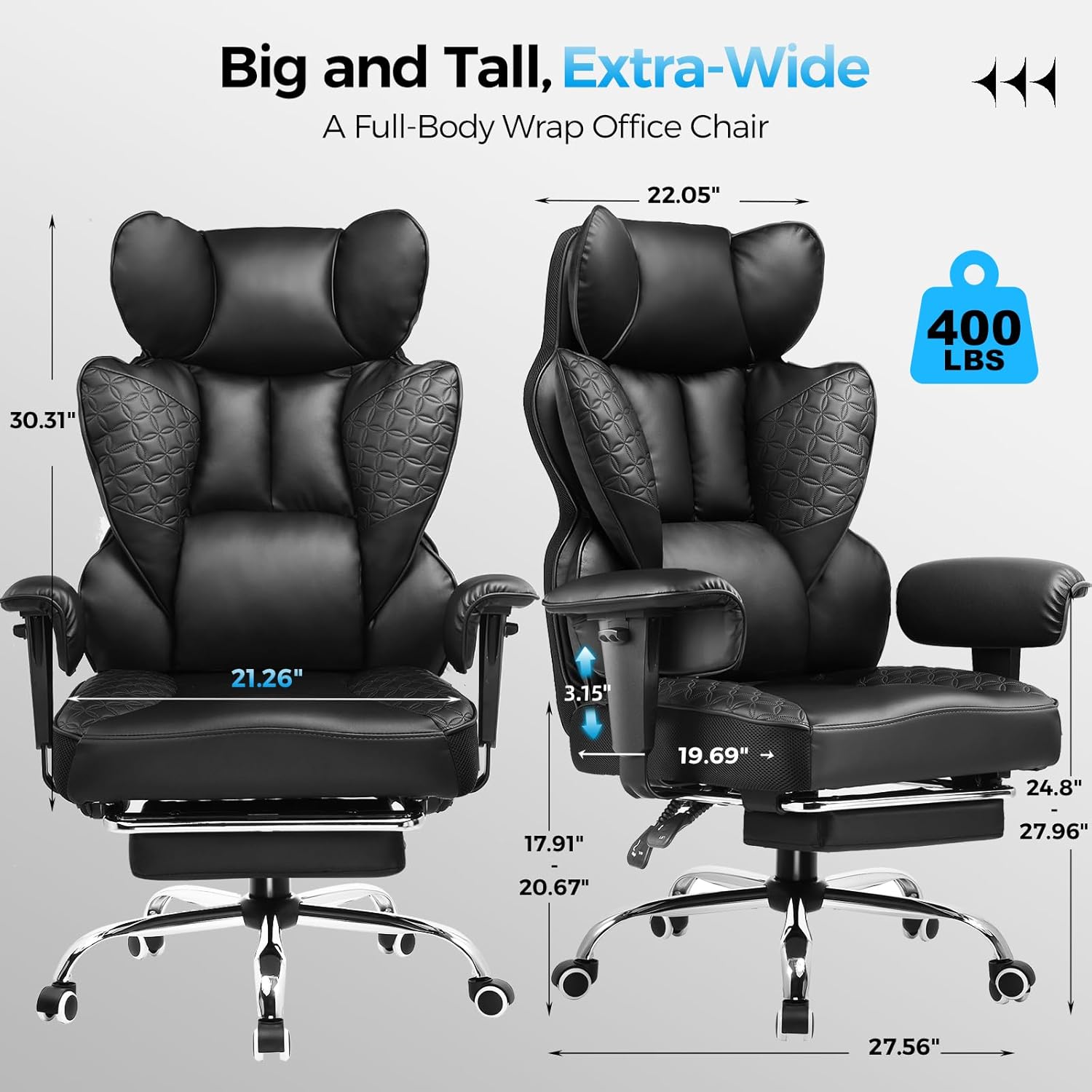 Big and Tall Office Chair Heavy Duty Wide Ergonomic Gaming Chair with Deluxe Embossing Designed Leather with Foot