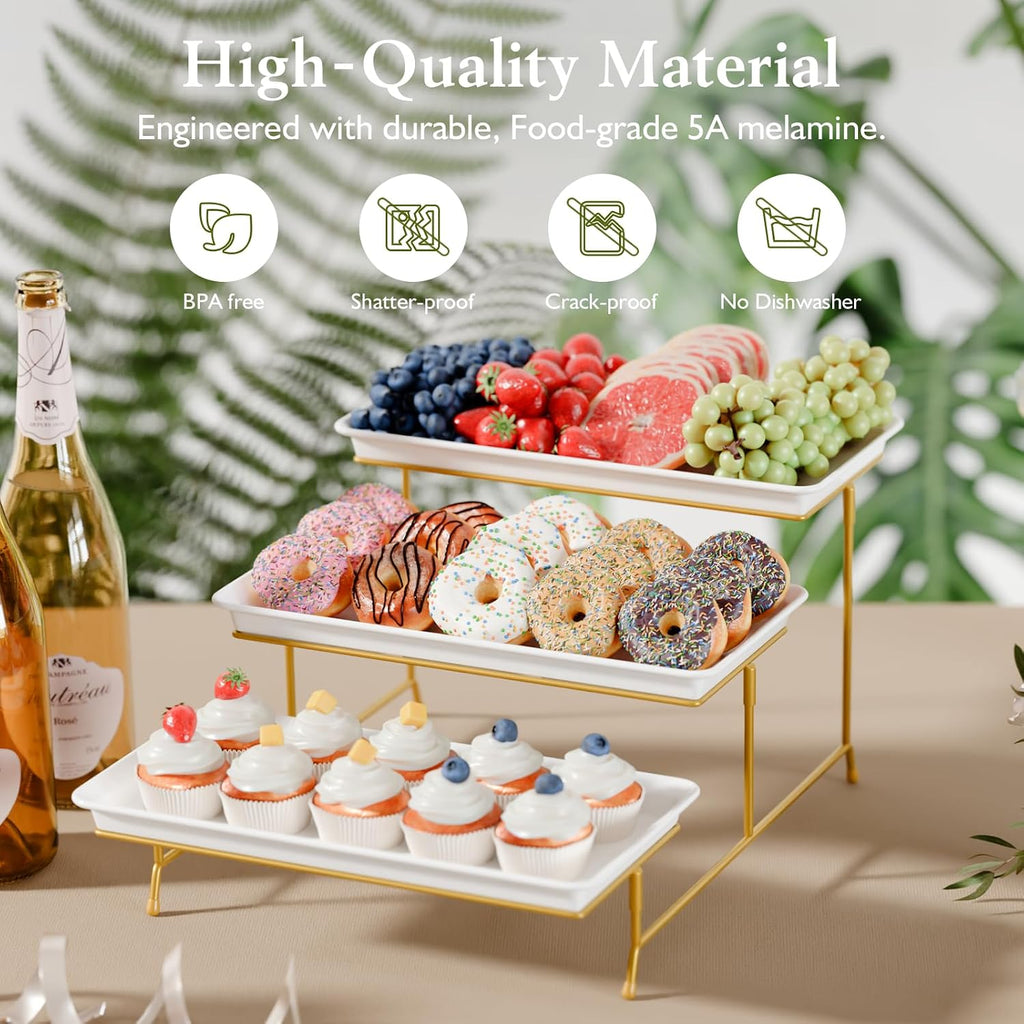 3-Tier Melamine Serving Tray Set, 14 x 7 in, Gold Stand