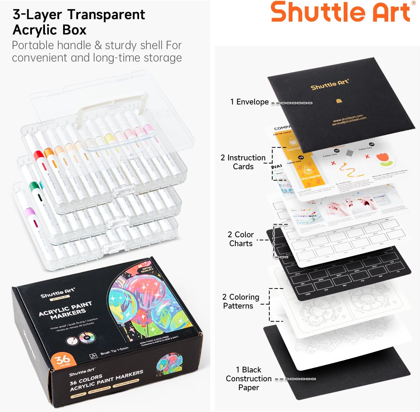 Automatic Ink Control Acrylic Paint Markers, 36 Colors Brush Tip Acrylic Paint Pens for Rock Painting, Ceramic, Wood