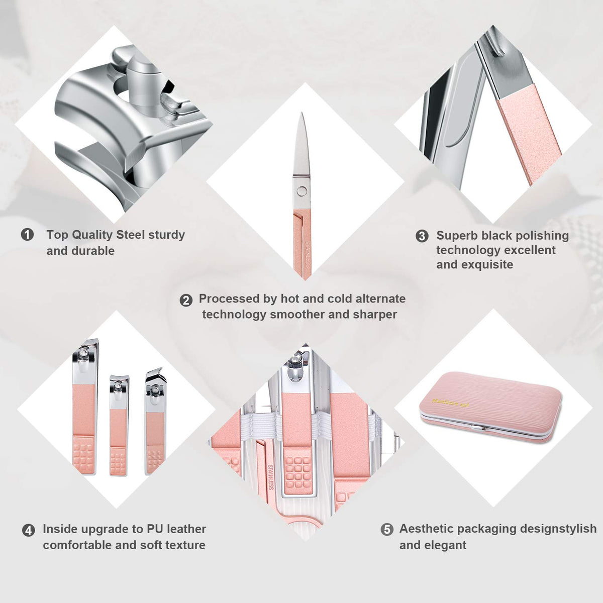Manicure Set, Travel Mini Nail Clippers Kit Pedicure Care Tools, 10pcs Stainless Steel Grooming kit (Pink)