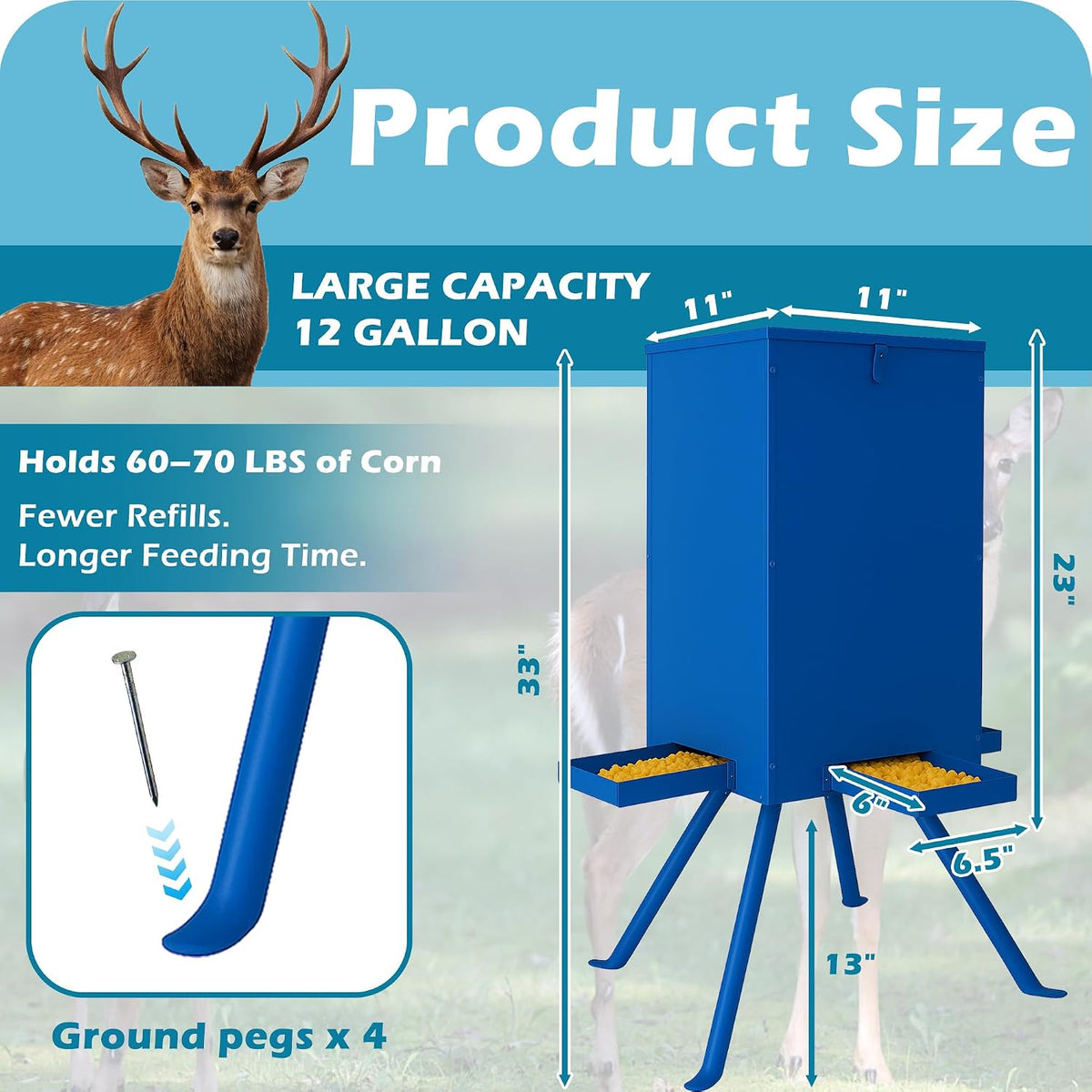 Deer Feeder 60-70 lbs, Weatherproof Deer Feeders, Heavy Duty Metal Gravity Deer Feeder with 4 Feeding Tray and 4-Leg