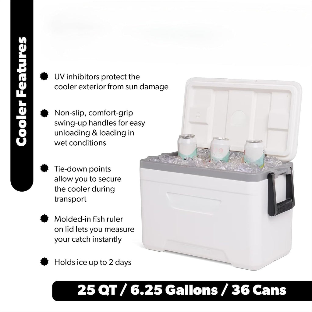 25 QT Hard Sided Cooler White, UV Resistant Ice Chest with Fish Ruler, Swing Handles for Fishing Boat Trip