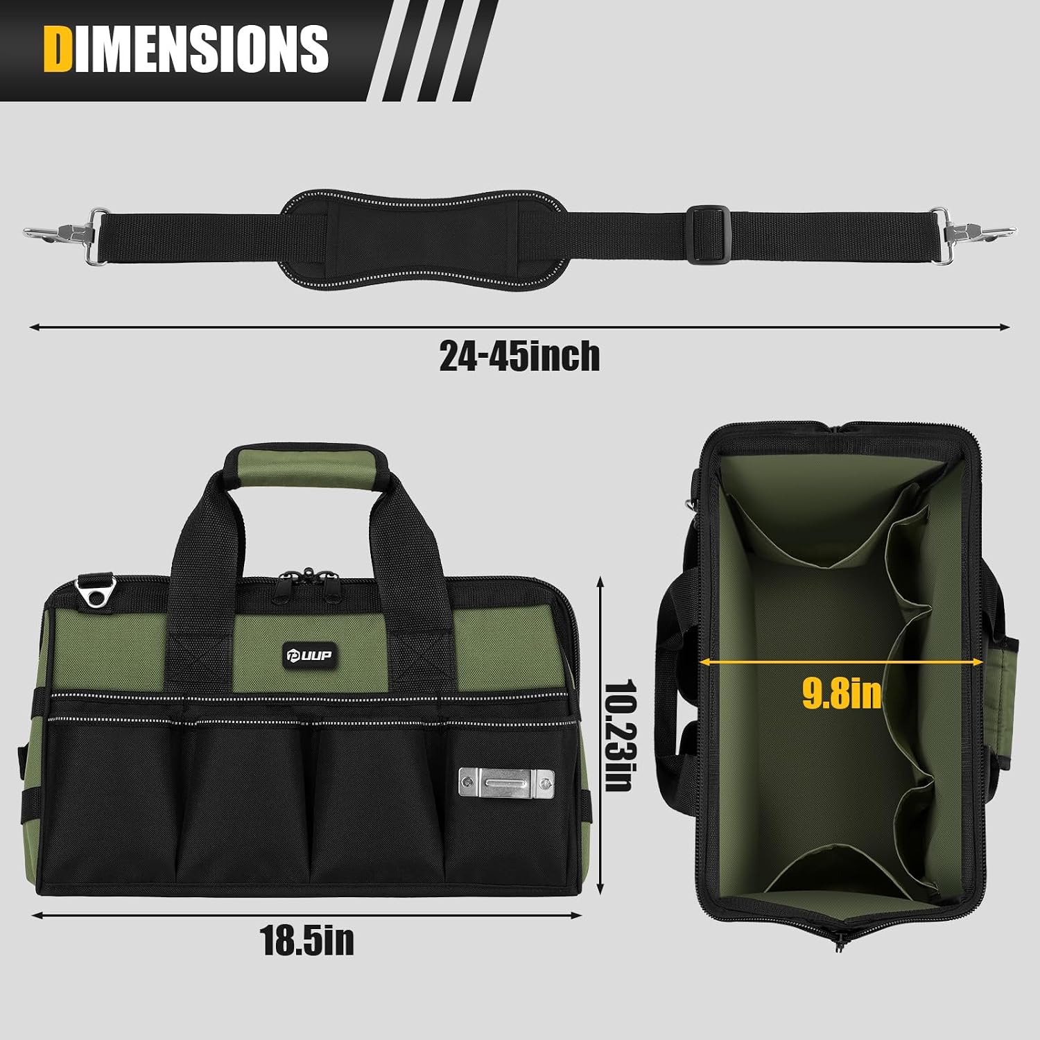 18-Inch Large Tool Bag, 16-Pocket Portable Tool Box Organizer Storage, Heavy Duty Tactical Toolbag with Big Zipper