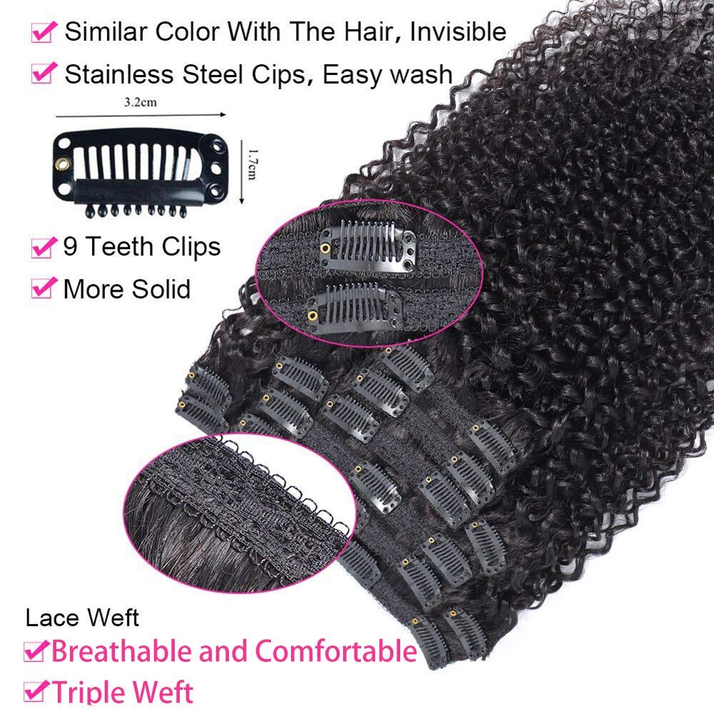 Kinky Curly Clip In Hair Extensions for Black Women Human Hair, Urbeauty Curly Hair Extensions Clip in Human Hair for