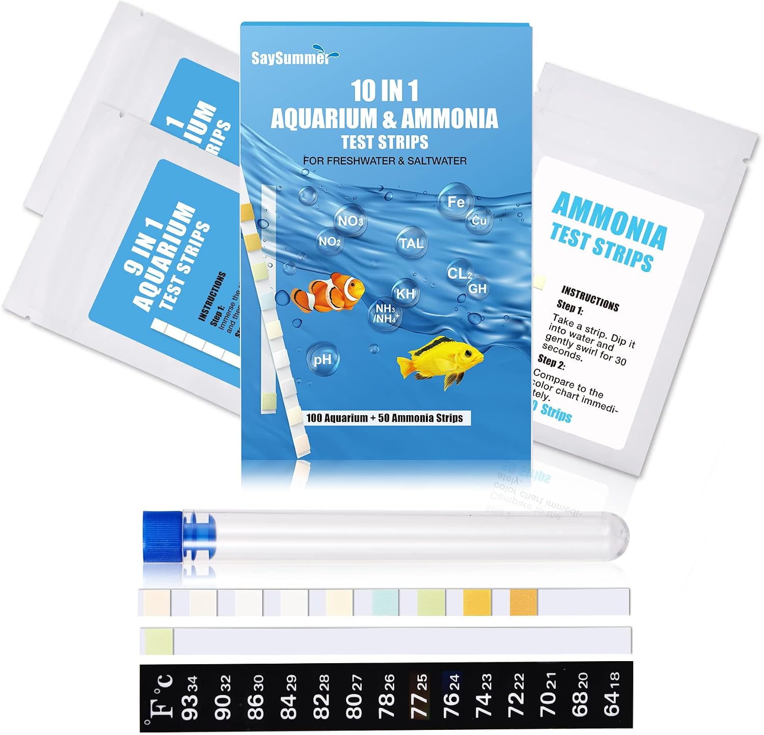 10 in 1 Ammonia Test Kit for Aquarium, 150ct Aquarium Ammonia Test Strips Freshwater Saltwater, Fish Tank Aquarium