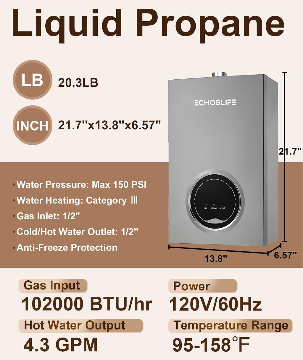 Tankless Water Heater Propane Up to 4.3 GPM, 102,000 BTU | LED Temperature Display; Energy and Space Save; On Demand