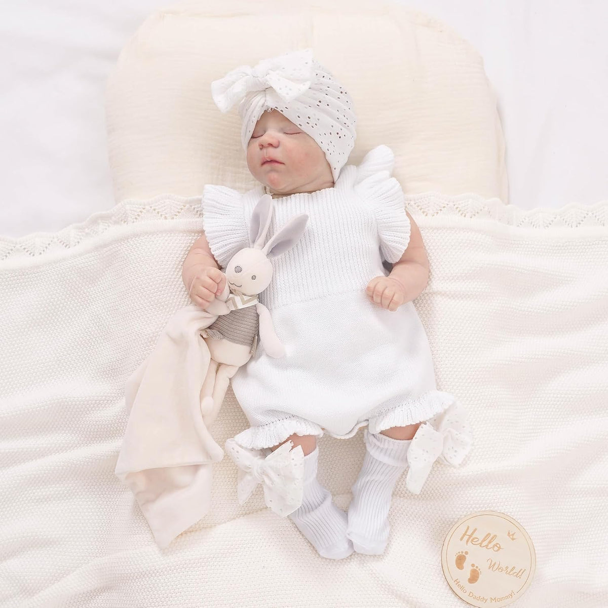 Baby Girl Ruffle Knit Romper Outfit Set, Sleeveless Knitted Bodysuit with EyeletBow Turban Headband and Bow Socks