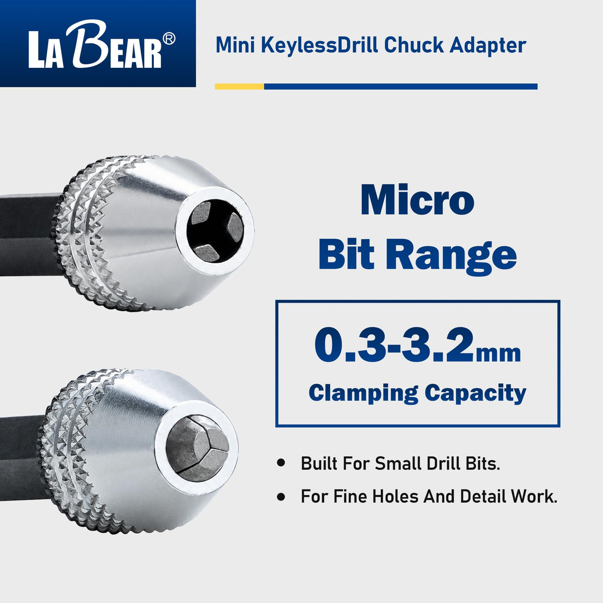 Keyless Mini Drill Chuck Adapter, 1/4" Hex Shank, 0.3-3.2mm