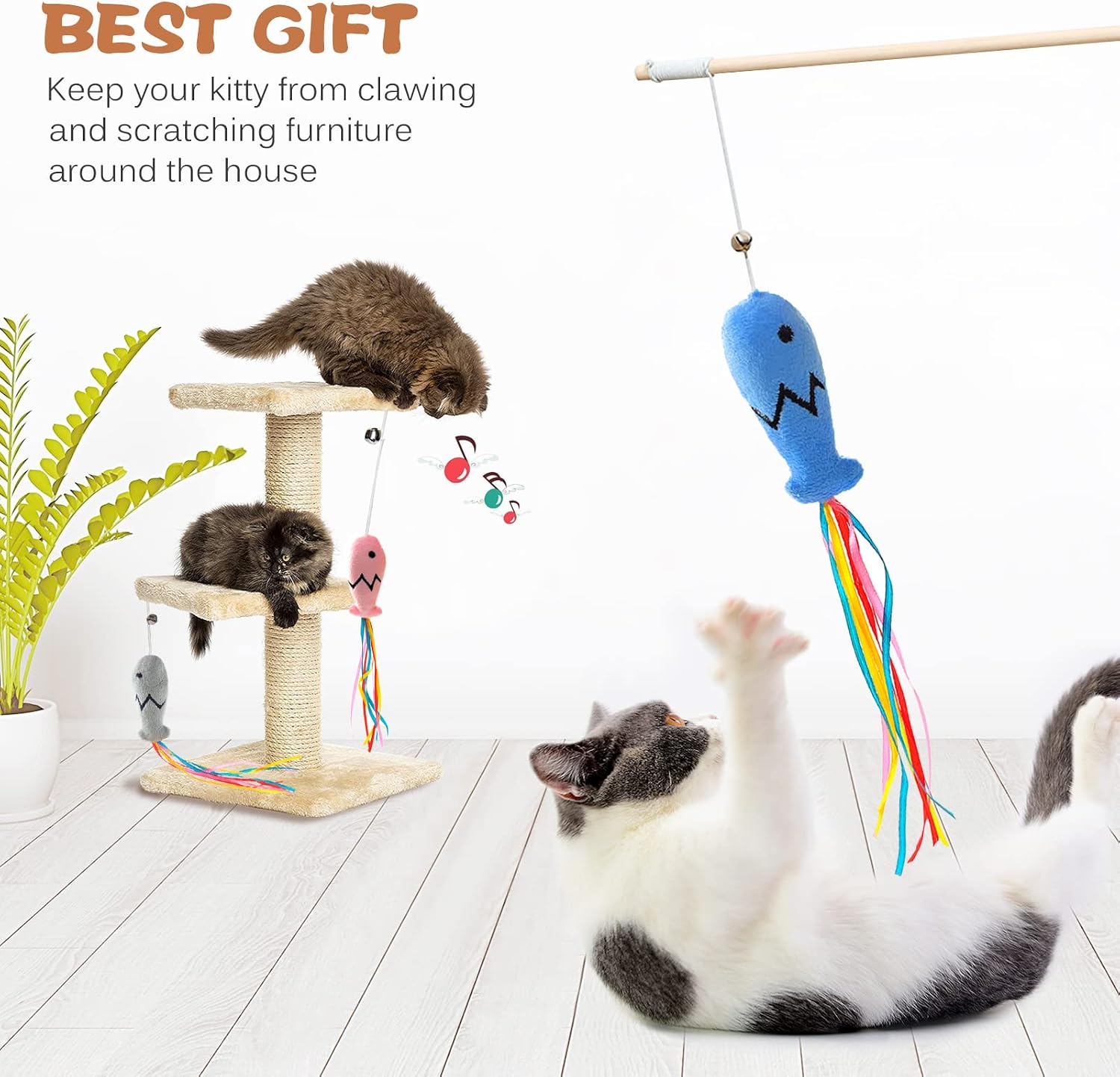 Natural Wood Cat Wand Toy with Ribbon Fish Teaser - 3pcs, 16 Inch, Indoor Cat Exerciser & Playing Kitten Toy, Bonus