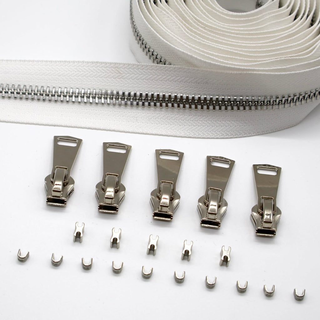 #8 White Silver Teeth Zipper by the Yard 3 Yard Kit
