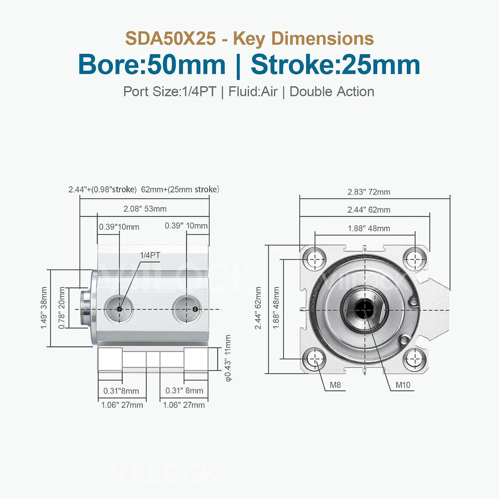 SDA50x25 Thin Air Cylinder 50mm Bore 25mm Stroke Double Acting