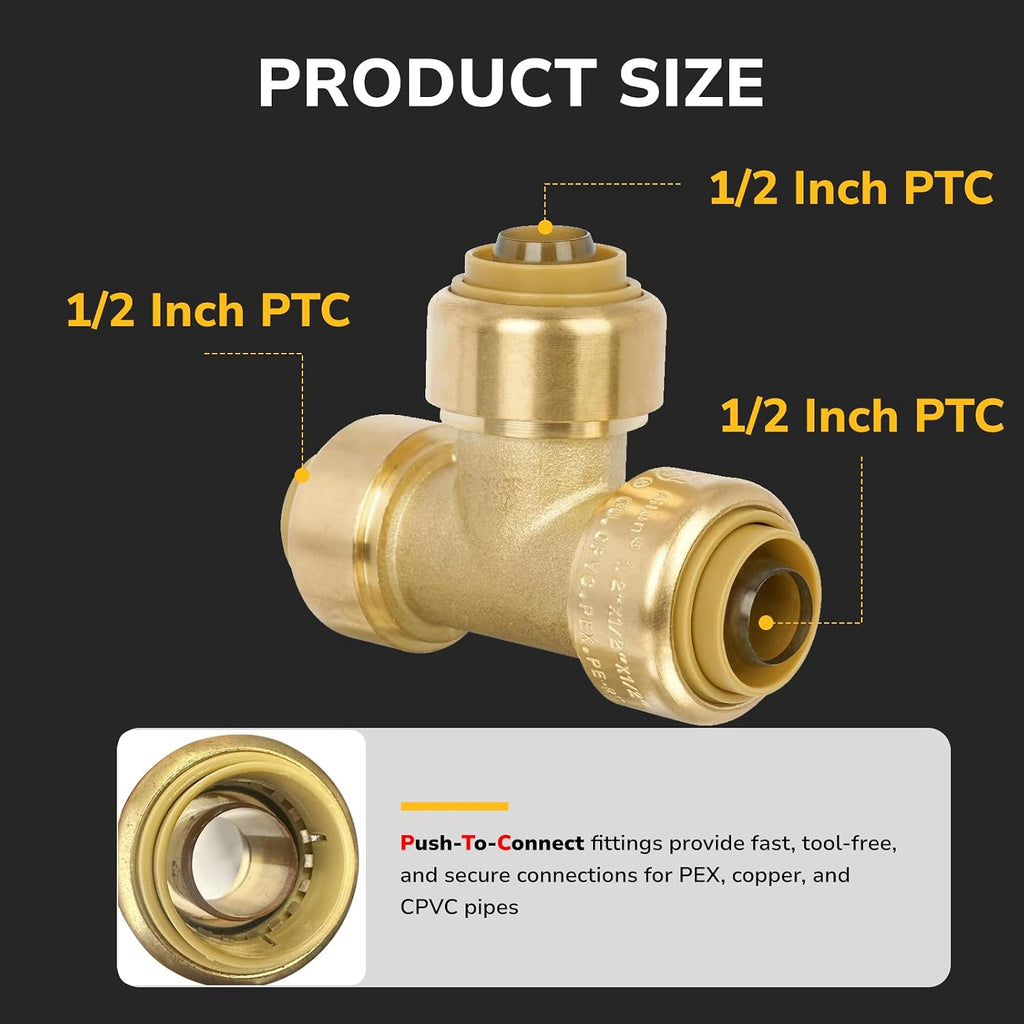 1/2" Pex Tee Pushfit, Push to Connect Brass Plumbing Fitting for Copper, CPVC, PEX Pipe, Brass Pex Fitting with