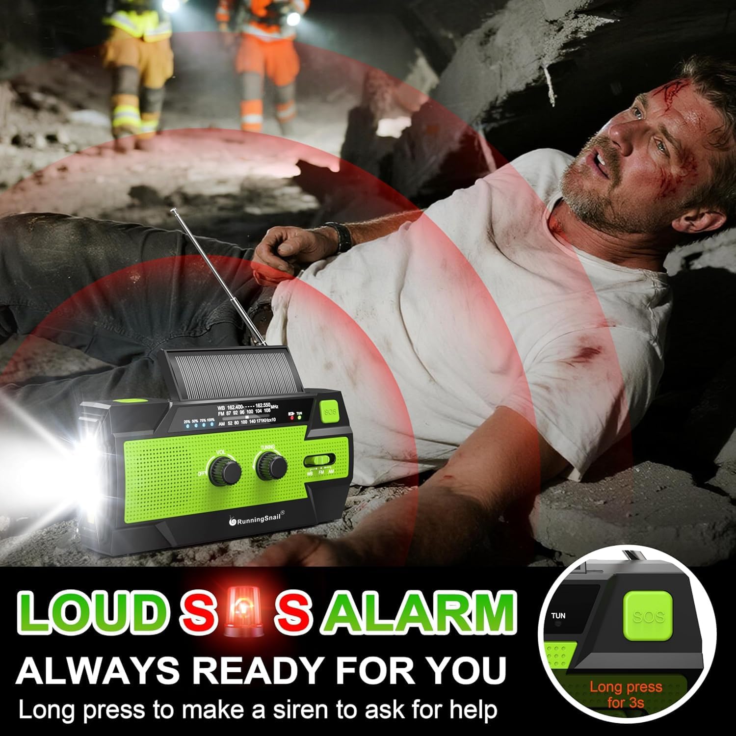 Emergency Radio with Flashlight & Reading Lamp, NOAA/AM/FM Weather Radio | Hand Cranked, Solar Powered, 4000mAh