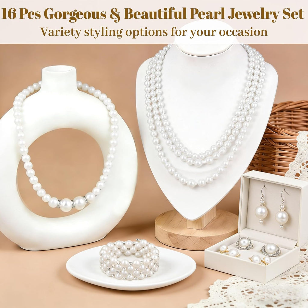 16 Pcs Pearl Jewelry Set with Necklace, Earrings and Bracelets, Pearl Necklaces for Women, Faux Pearls Set Jewelry