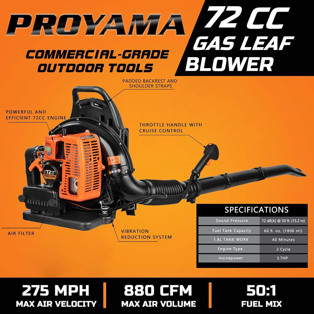 72CC Gas Backpack Leaf Blower, Garden Yard Cleaning, Snow Removal | 880CFM 275MPH 2 in 1 Nozzle Low Vibration and