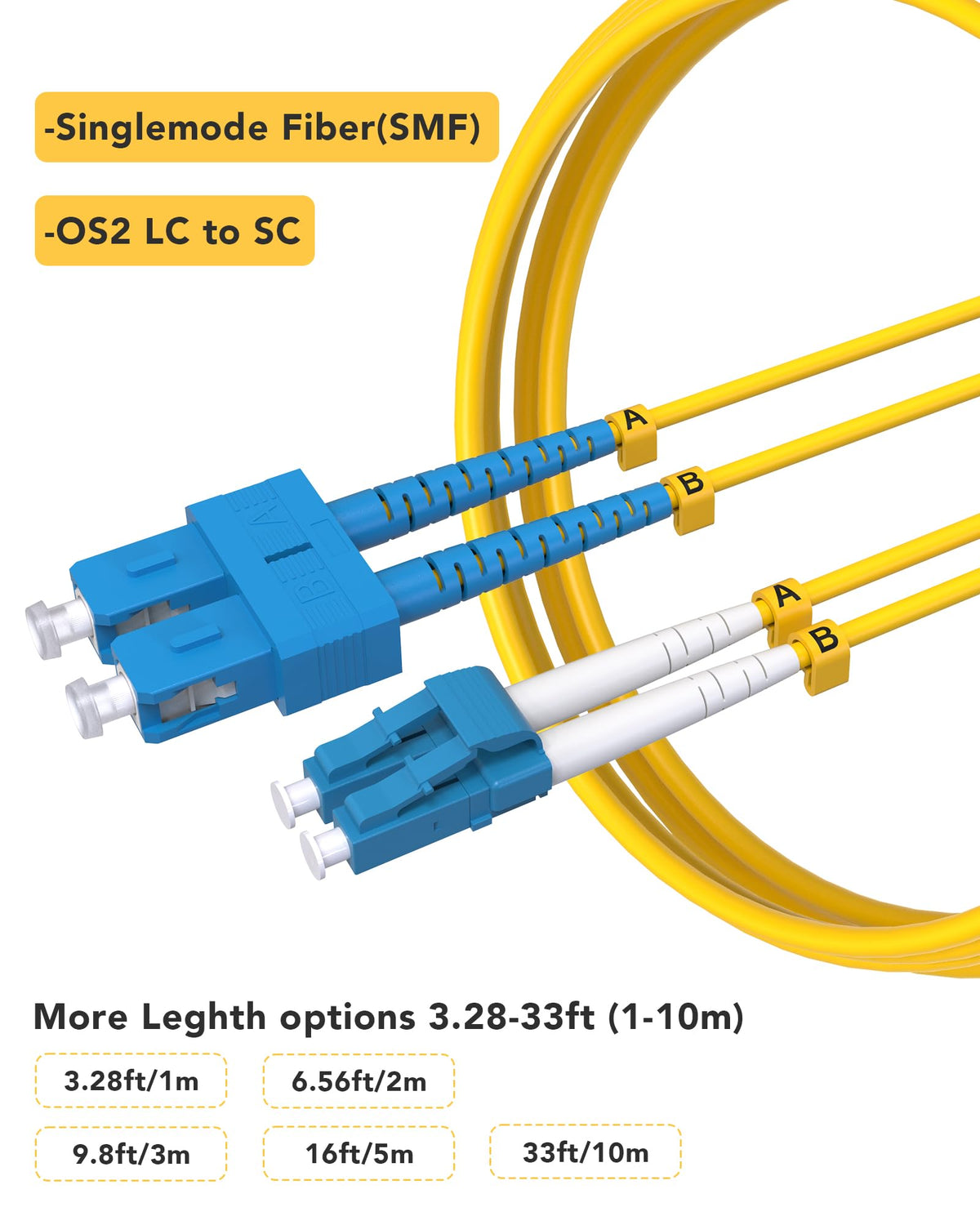 5 Pack OS2 Singlemode LC SC Fiber Patch Cable 3m/10ft, Duplex