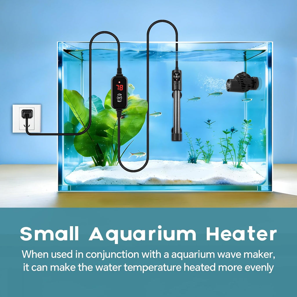 Submersible Aquarium Heater, Small Adjustable Fish Tank Heater with 2 Suction Cups, Temperature Controller