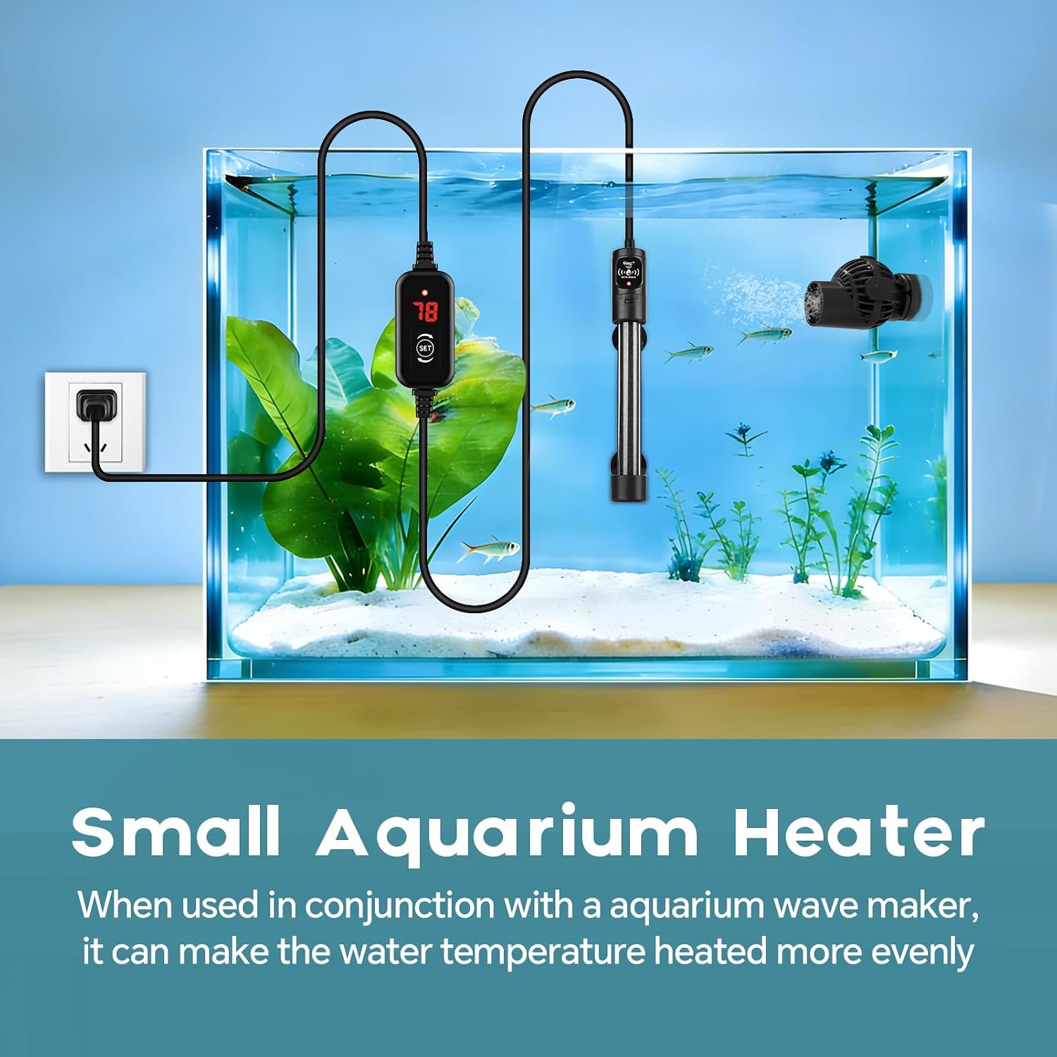 Submersible Aquarium Heater, Small Adjustable Fish Tank Heater with 2 Suction Cups, Temperature Controller