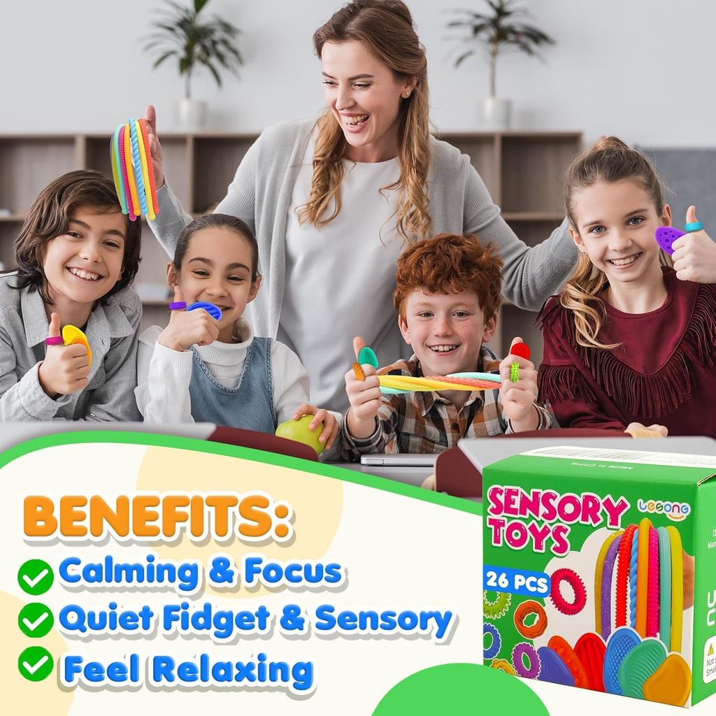 Fidget Sensory Toys for Kids: 26 Pack Quiet Squishy Fidgets for Classroom Students Prizes- Textured Soft Fidget Rings