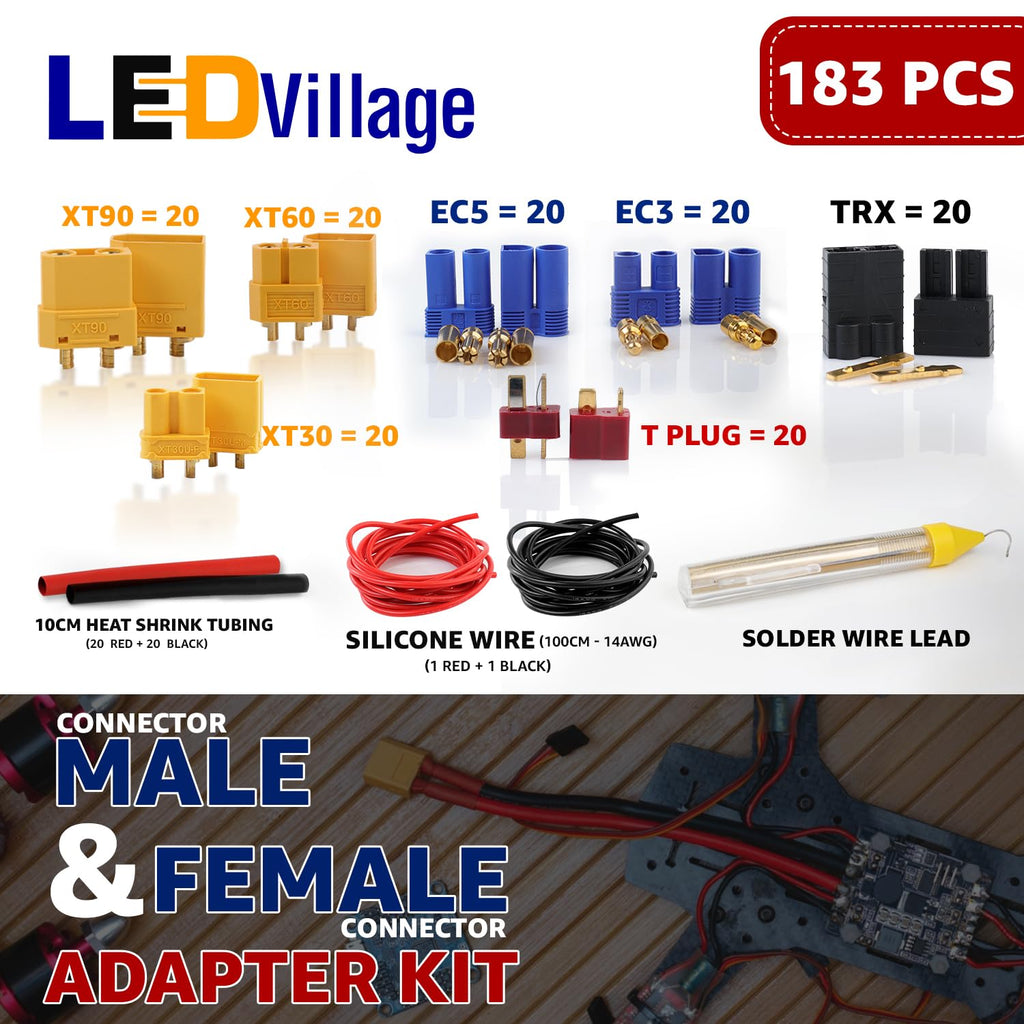 Ledvillage 183pcs T-Plug / XT30 / XT60 / XT90 / EC3 / EC5 / TRX Male & Female Plug Adapter Connectors Kit 14 AWG Silicone Wire and Heat Shrink Tubing for RC Lipo Battery ESC Motor