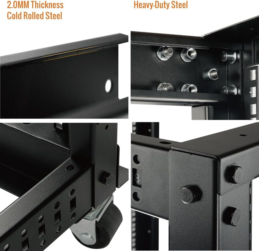 Tecmojo 15U Open Frame Server Rack,4-Post Adjustable Depth Rolling Network Rack for Computer/Data/AV/IT/Servers,Mobile Type