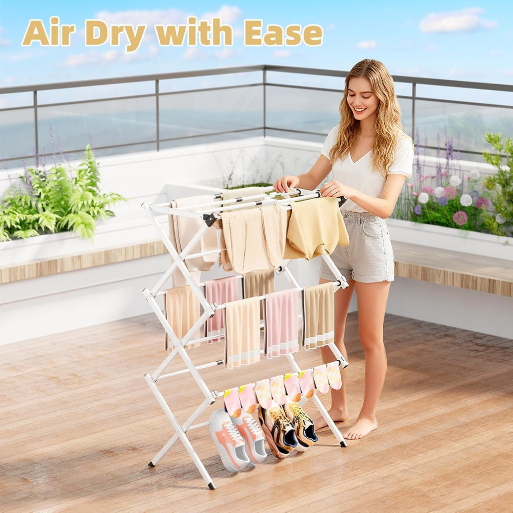 Space Saving Foldable Clothes Drying Rack, Extendable Rustproof Laundry Rack for Indoor Outdoor Use, No Assembly