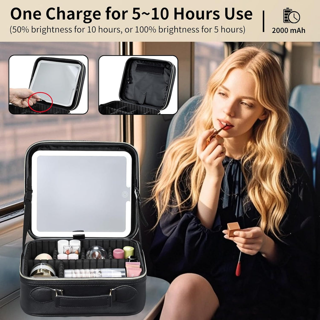 Makeup Bag with LED Lighted Mirror 10.2-in Travel Makeup Bag Train Case Adjustable Brightness in 3 Colors Cosmetic