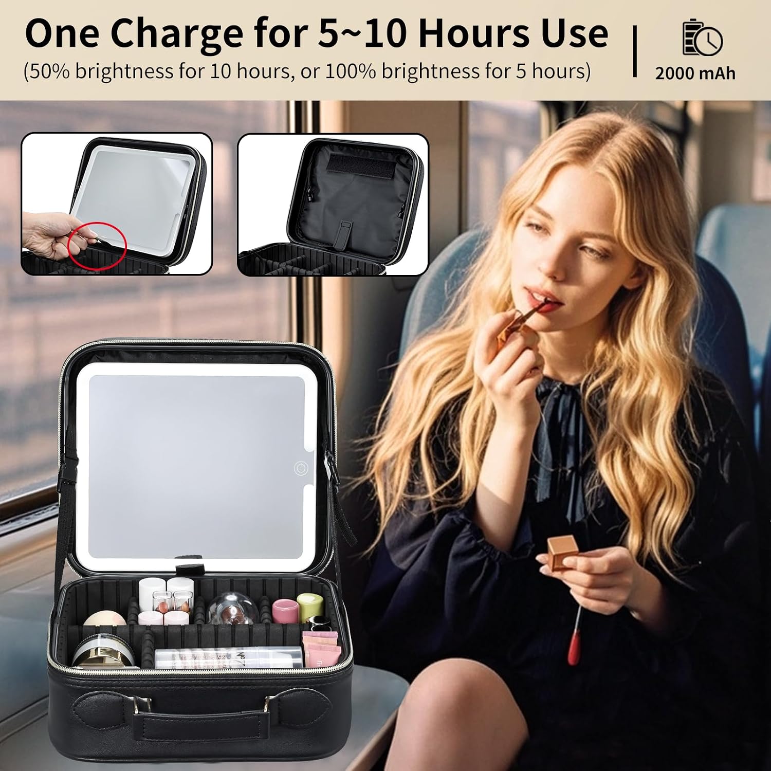 Makeup Bag with LED Lighted Mirror 10.2-in Travel Makeup Bag Train Case Adjustable Brightness in 3 Colors Cosmetic