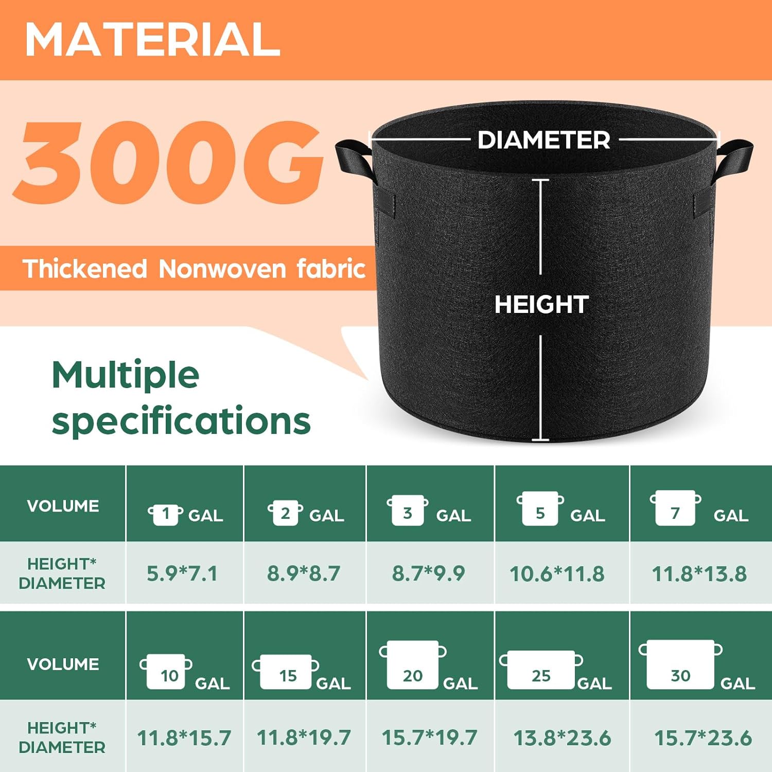 5 Pack 5 Gallon Grow Bags, Thickened Nonwoven Fabric Planter Pots with Handles, Heavy Duty 300G Garden Pots for