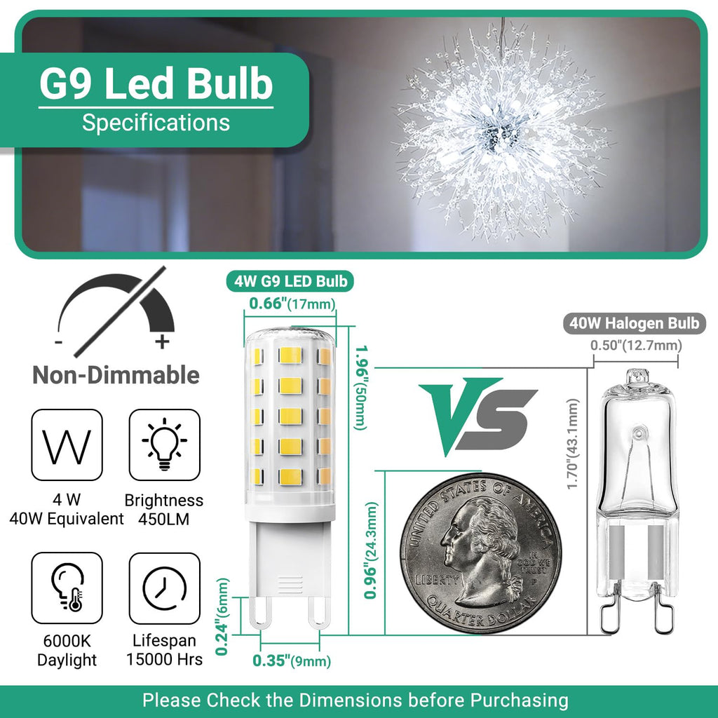 G9 LED Bulb 4W, 6000K Daylight 6 Pack, 40 Watt Eq, G9 Base, 120V