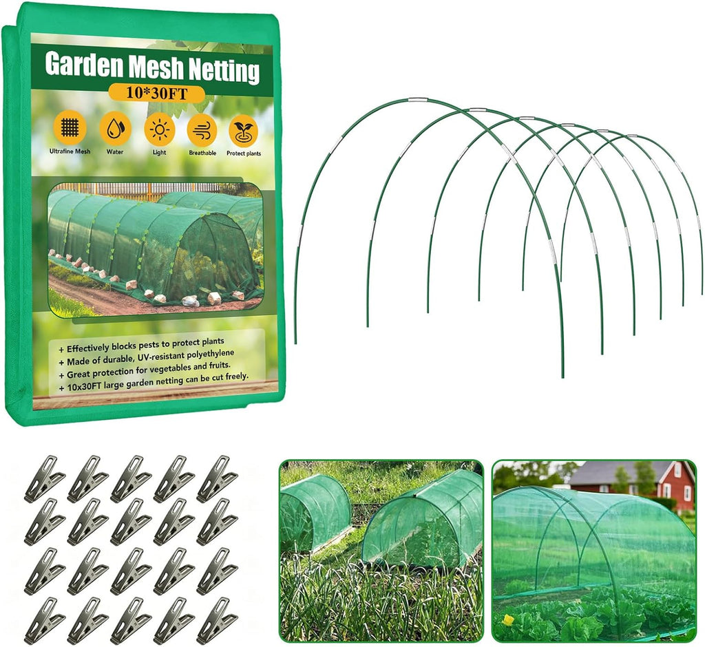Garden Mesh Netting Kit for Raised Beds, 10x30FT Green Garden Netting ＆6 Sets Fiberglass Garden Hoops, Row Cover