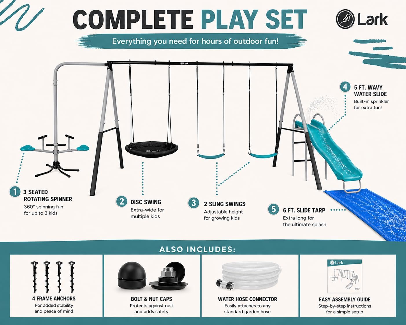 Water Slide Swing Set with 6 Ft Water Tarp, Disc Swing, 2 Sling Swings, 3-Seat Merry Go Round with Adjustable Heavy