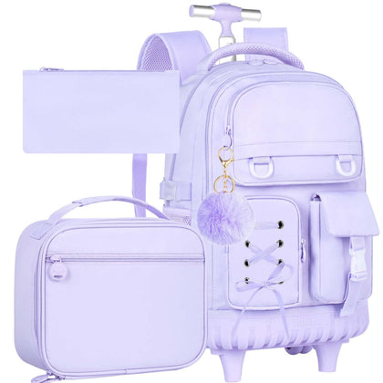 3PCS Roller Backpack for Girls, Women Purple Rolling Backpacks with an Interlaced Ribbon Bow, Water-Resistant Travel