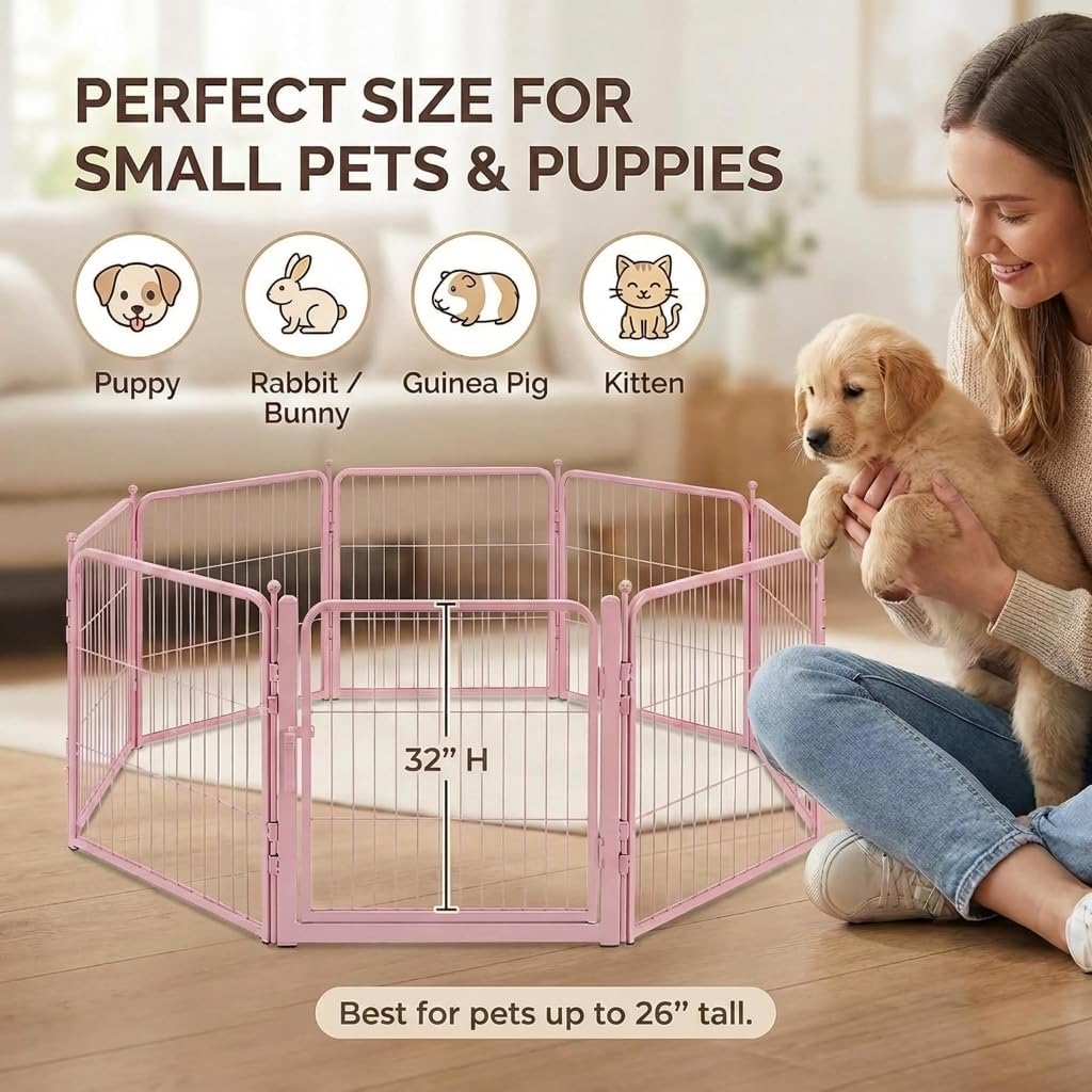 Pink Dog Playpen for Small/Medium Dogs - 32 inch 8 Panels Heavy Duty Metal Puppy Fence Outdoor Indoor with Door