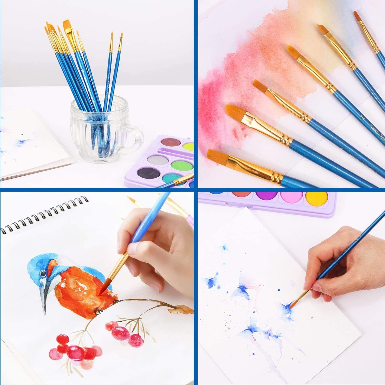 Acrylic Paint Brush Set, 5 Packs / 50 pcs Nylon Hair Brushes for All Purpose Oil Watercolor Painting Artist