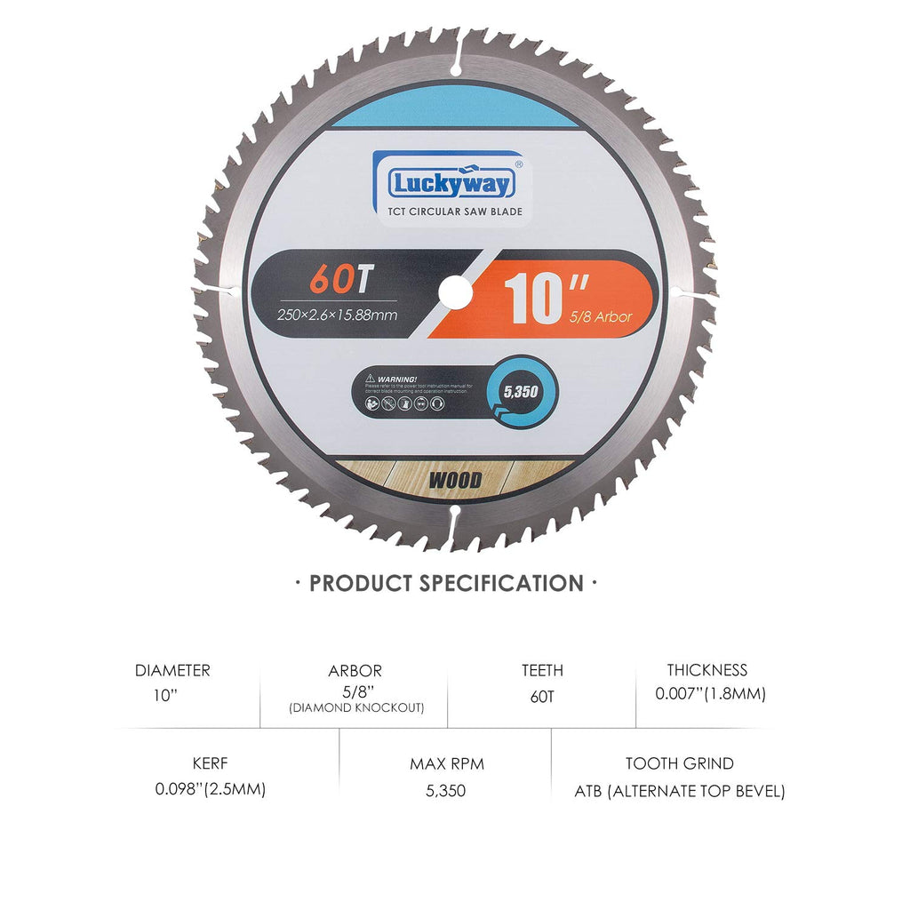 10 Inch Table/Miter Saw Blade 60T Fine Finish with 5/8 Inch Arbor TCT (Tungsten Carbide Tipped) Saw Blade for Cutting
