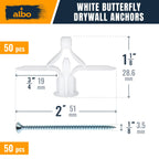 100 Pcs. Plastic Butterfly Drywall Anchors and Screws Kit, White