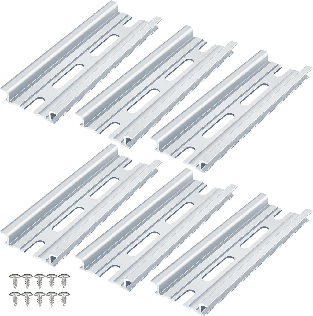 6 Piece Aluminum DIN Rails, 4 Inches Long, 35mm Wide, 7.5mm High, Top Hat Slotted DIN Rail with RoHS, Extra Premium Screws Included for Hardware Components Mounting