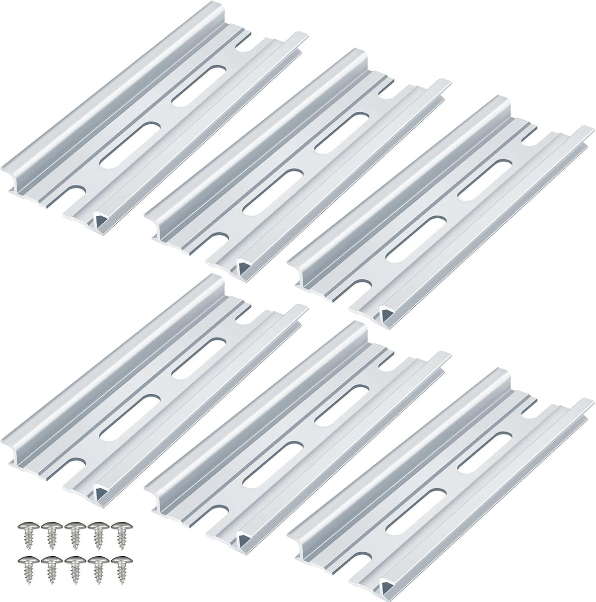 6 Piece Aluminum DIN Rails, 4 Inches Long, 35mm Wide, 7.5mm High, Top Hat Slotted DIN Rail with RoHS, Extra Premium Screws Included for Hardware Components Mounting