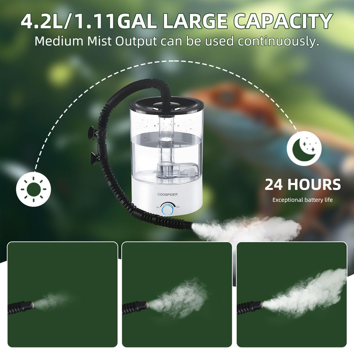 4.2L Top Fill Reptile Humidifier, Fogger Mister for Reptiles Tank, Terrariums Humidifiers with Extended Hose/Tube