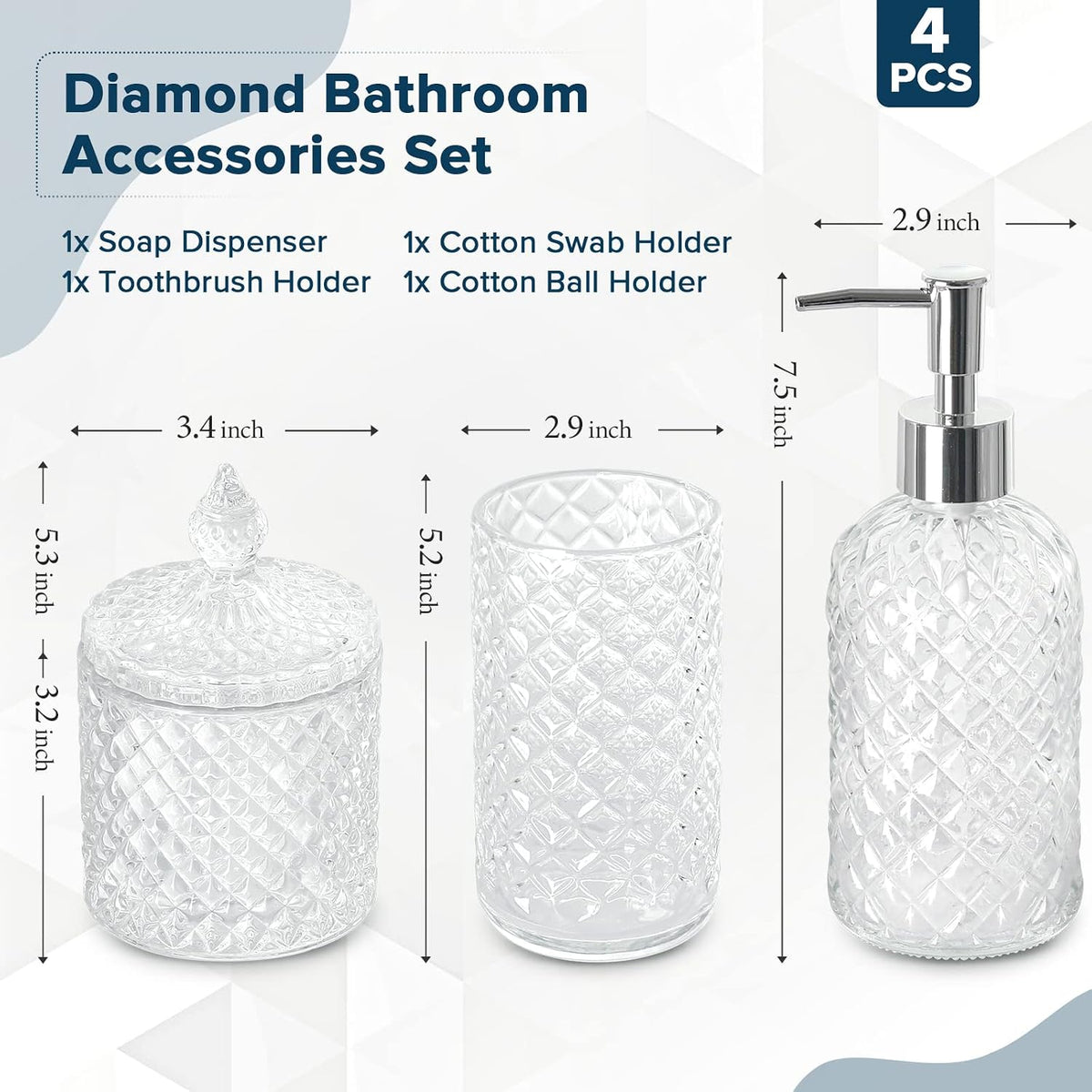 Bathroom Accessories Set, 4 Pack Clear Glass Bath Accessory Sets Complete, Diamond Soap Dispenser and Toothbrush
