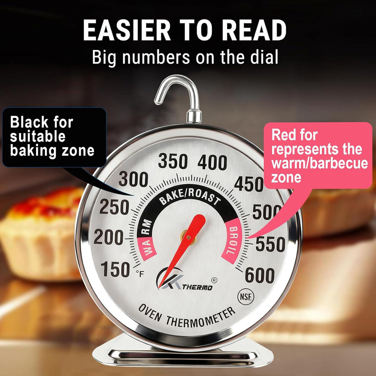 KT Thermo Oven Thermometer 2.75-Inch Large Dial, 150-600°F, NSF, Hook & Stand