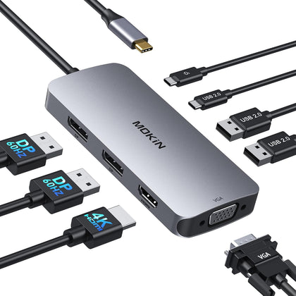USB C Docking Station Dual DisplayPort, 8 in 1 USB Hub with 2 DP, HDMI, VGA, USB C 2.0, A 2.0, PD Charging Port